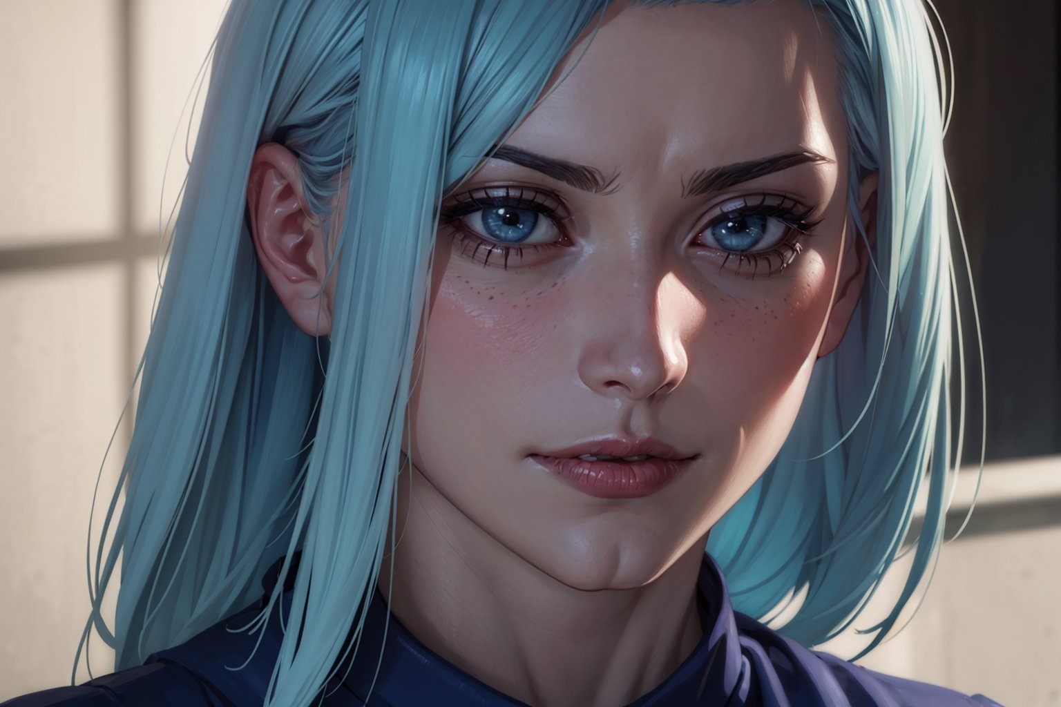 (photorealistic:1.5), anime style, closed mouth, realistic skin, blue dress, detailed pupil,  , blue haired, solo, standing,Detailedface,,zenin_maki,ASU1