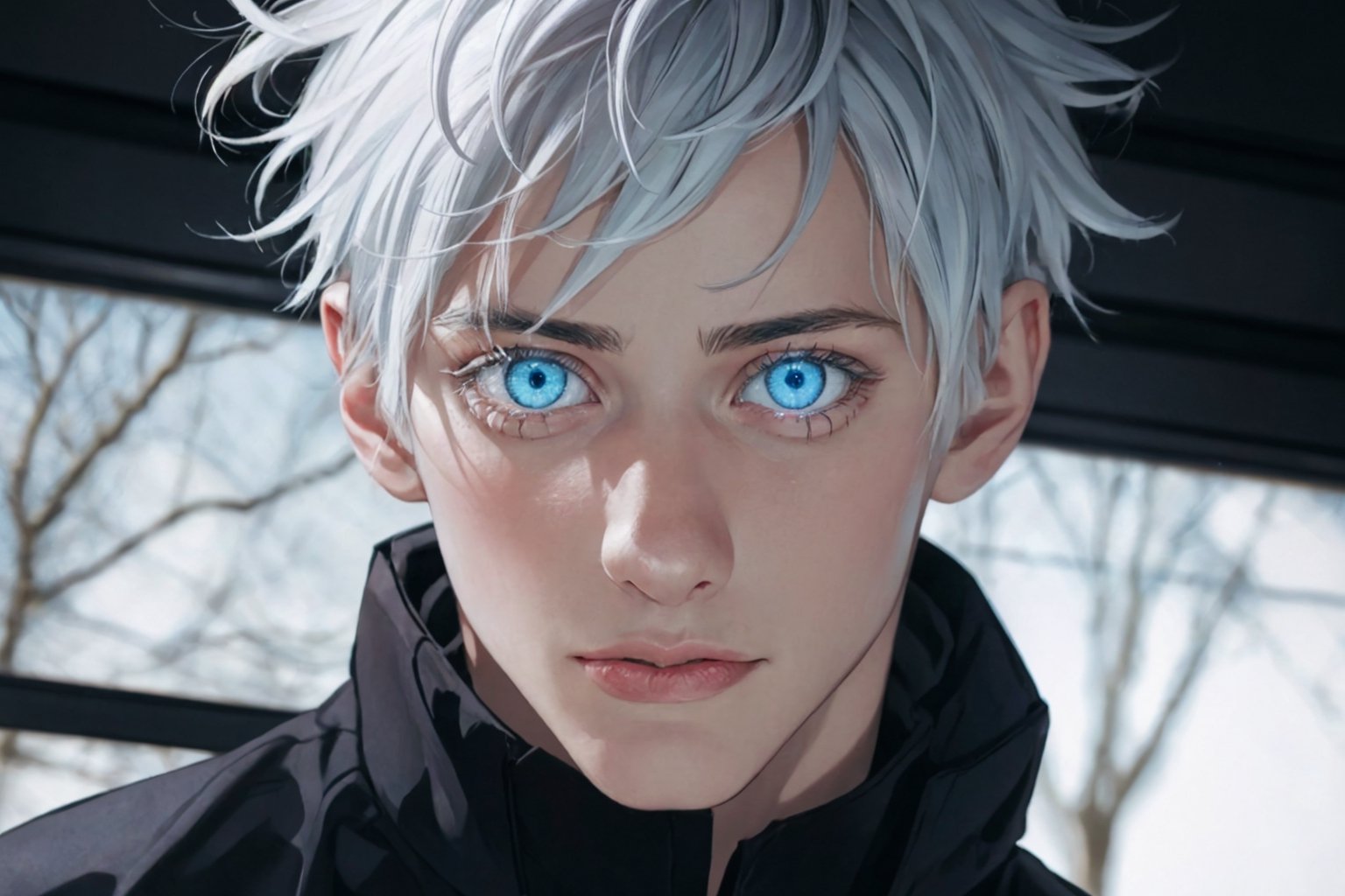 (photorealistic:1.5), closed mouth, realistic skin, black dress, short hair, perfect face, detailed pupil, blue eye:1.0, glowing eye:0.5,bright eye:1.0, half body, white haired, solo, standing,Detailedface,satoru gojo,white hair,blue eyes,short hair