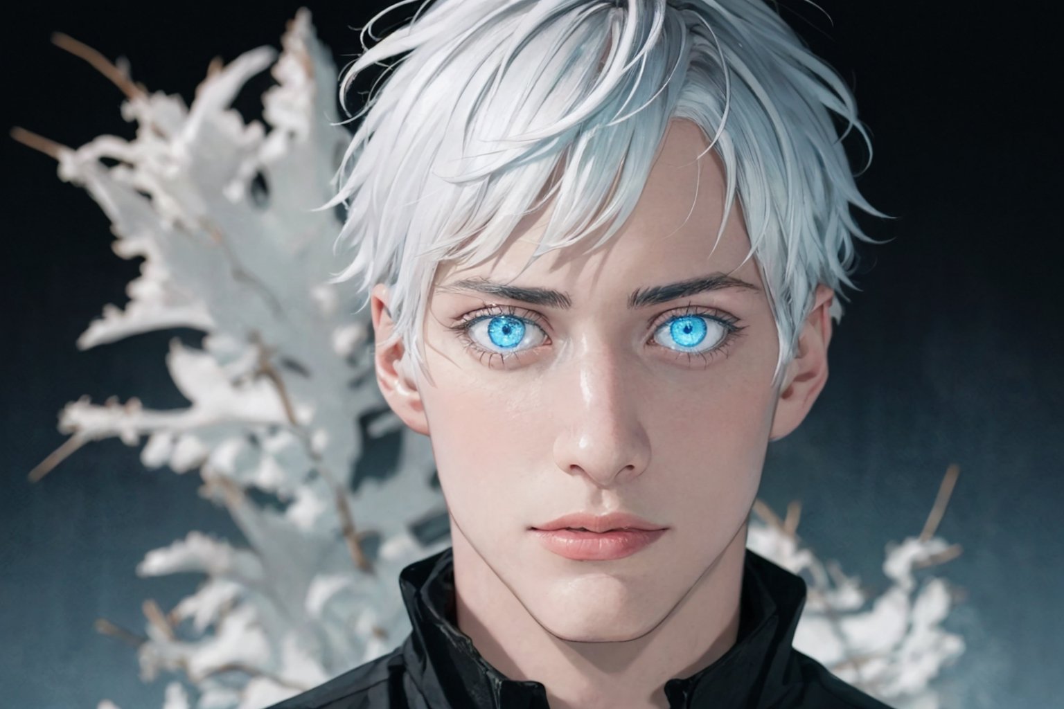 (photorealistic:1.5), closed mouth, realistic skin, black dress, short hair, perfect face, detailed pupil, blue eye:1.0, glowing eye:0.5,bright eye:1.0, half body, white haired, solo, standing,Detailedface,satoru gojo,white hair,blue eyes,short hair