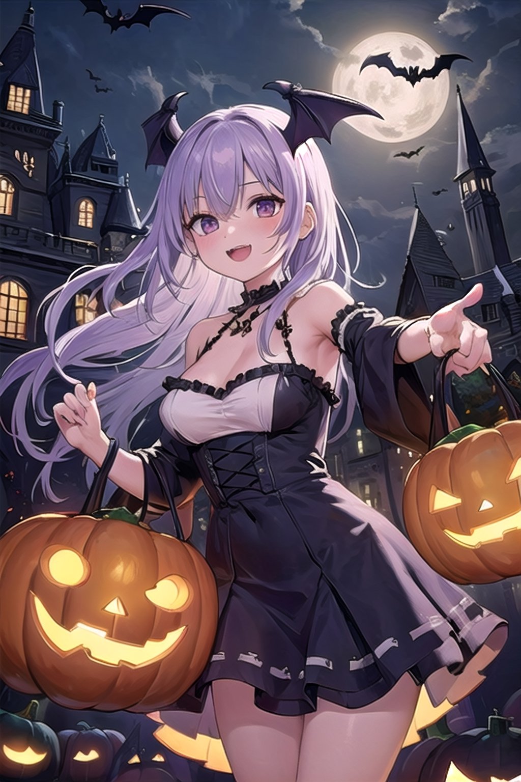 Happy Halloween!!! ,
Generate anything you like, let's party,
Pumpkin dolls dance
Ravens are dancing
The full moon is shining at midnight
A vampire's castle stands behind.