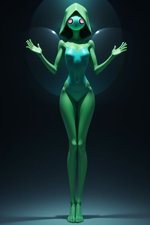 extraterrestrial　Wow thin green arms　Green hand with seven fingers　Amazing slender body　wow thin legs　　Something blue is coming out of the body　the head is large　eyes are long vertically　Eyeballs are visible