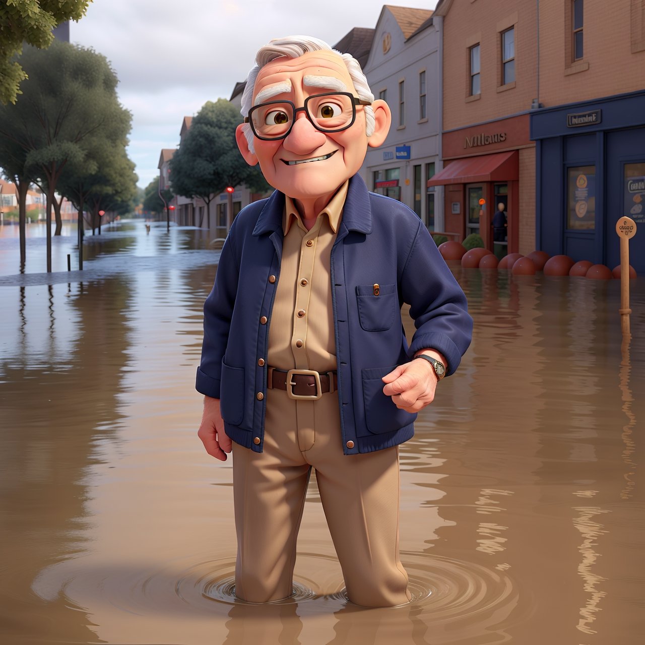 an old man wearing navy jacket, beige shirt, brown pants, leather belt, submerged in a flood at town