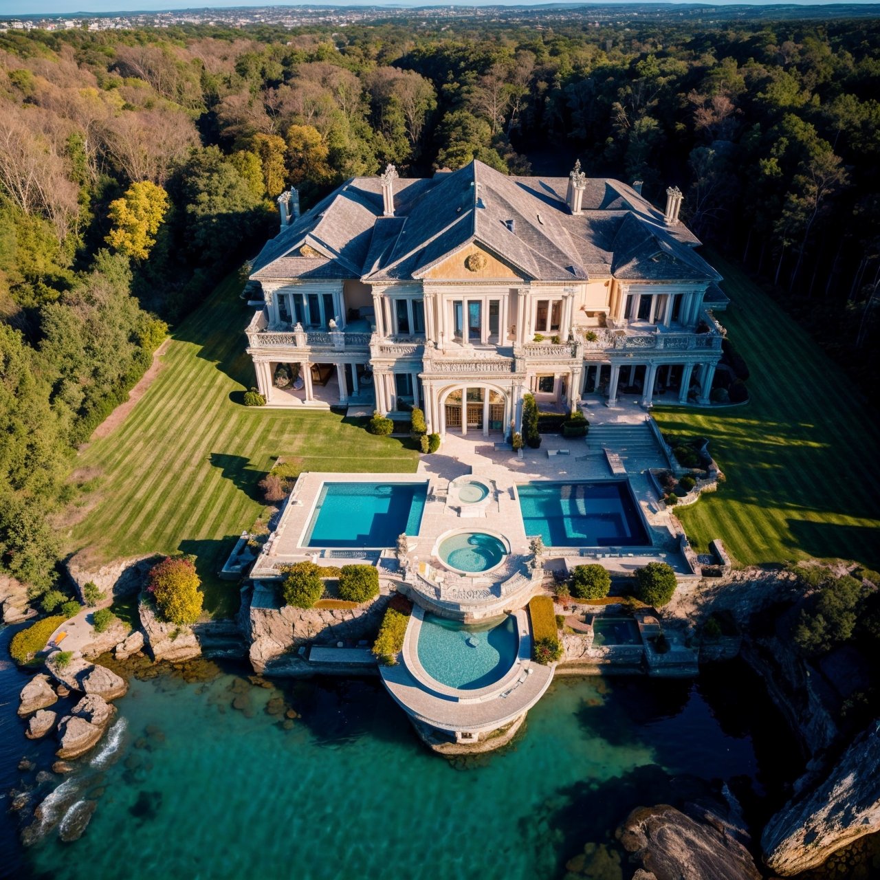 aerial scene, majestic mansion with pool on a cliff, (golden hour lighting), shot with DJI Phantom 4 Pro drone camera,