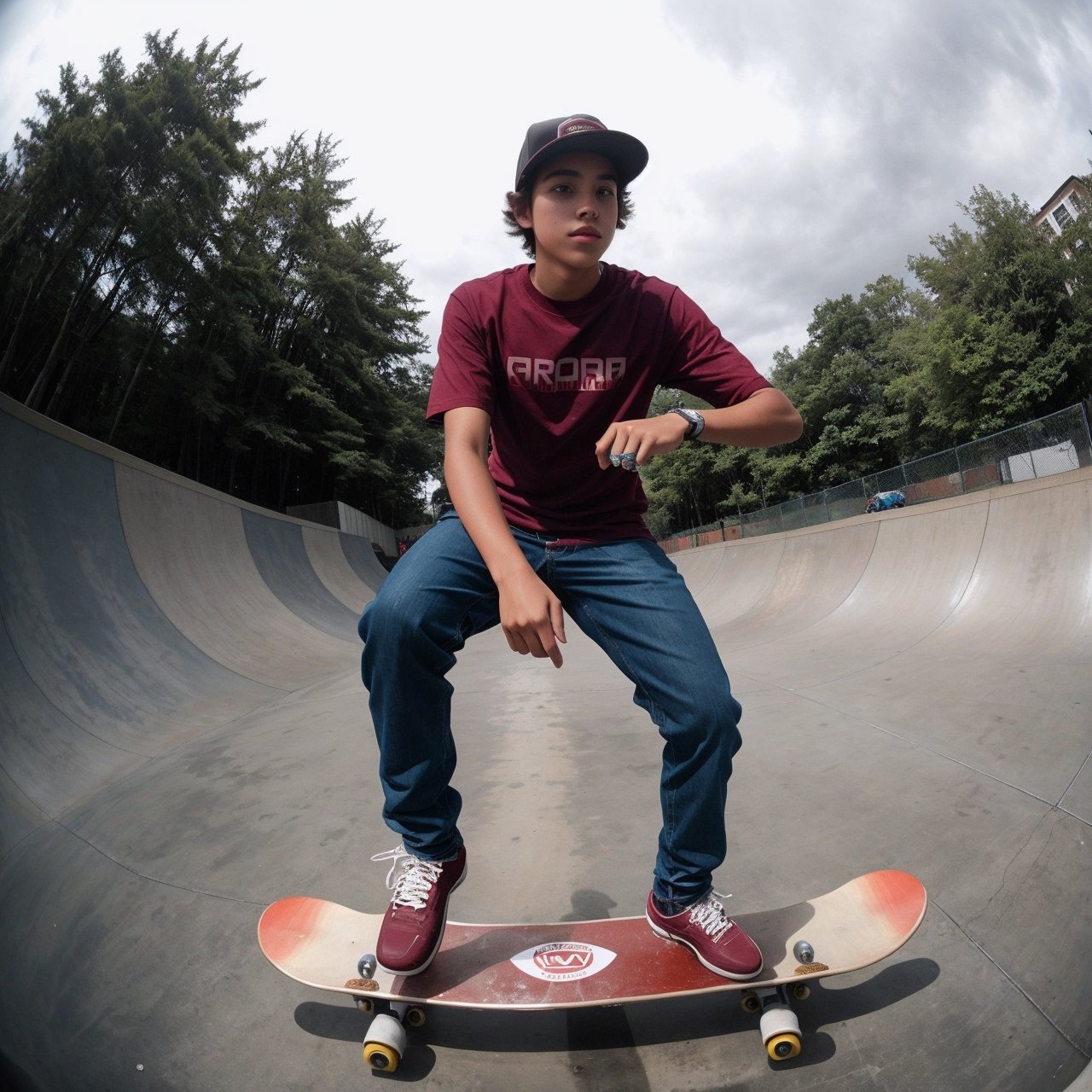 GoPro photo of a teenager, wearing a maroon t-shirt, denim pants, riding a skateboard, on a skatepark, under overcast lighting