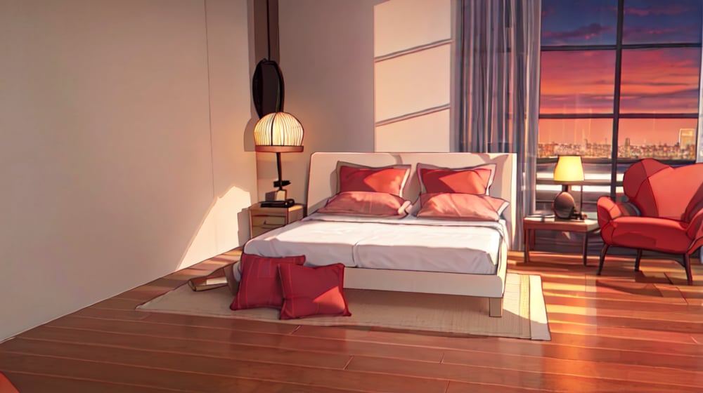 A warm and cozy bedroom located in a high-rise building. The furniture and space are meticulously designed with proper perspective, and the room boasts large floor-to-ceiling windows that reveal the nighttime cityscape, allowing a soft glow of light to enter. The visuals are crystal clear without any blurriness, enhanced by the warm radiance of a lamp. The color scheme is unified with soothing shades of grey and white.