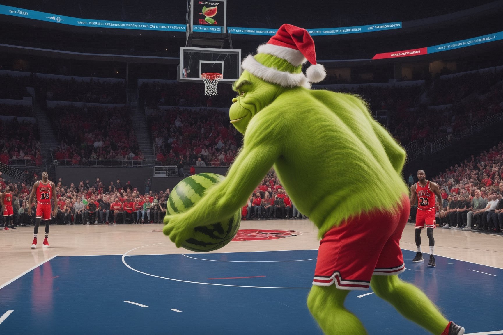 The grinch slam-dunking a watermelon. A basketball match. the chicago bulls versus the grinch,Exhibition 8k,70mm, action shot, wide angle, full shot, in hyperrealism