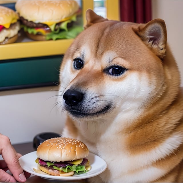 A (realistic:1.2) image of 1dog, 
BREAK, 
("cheems+MNTYDGE":1), 
The dog is eating a cheeseburger, 
BREAK, 
Task-Lighting in (hyperrealism:1.01)