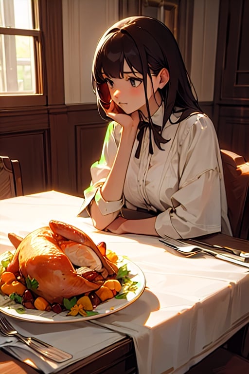 Thanksgiving celebration with typical Turkey food, beautiful woman sitting at the dining table alone, with a quiet atmosphere and a blank expression, extremely detailed, masterpiece 