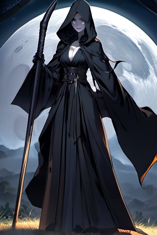 (masterpiece, best quality), solo, girl, wearing black robes, grim reaper clothes, sabi weapons, moonlight background, beautiful moonlight, clear ligt, ultra-detailed 