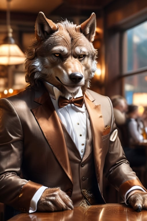 (masterpiece, best quality), detailmaster2, digital art of warewolf wear tuxedo, brown clothes, sitting in restaurant hold a beer, (highly detailed:1.3), (ray tracing:1.2), (global illumination:1.2), (ultra-detailed CG unity 8K wallpaper:1.3), sharp focus, film grain, (cinematic:1.2), fantasy art, surrealism 