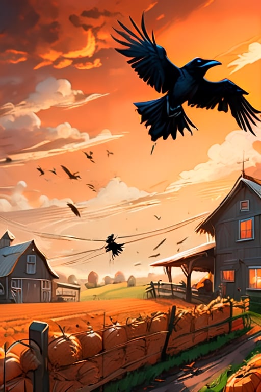 (masterpiece, best quality), detailmaster2, illustration of the crow flying over the scarecrow in the middle of the farm, with a cartoon style that looks scary, orange sky, cloud, outline, (highly detailed:1.3), (ray tracing:1.2), (global illumination:1.2), (ultra-detailed CG unity 8K wallpaper:1.3), sharp focus, film grain, (cinematic:1.2), fantasy art, surrealism ,detailmaster2