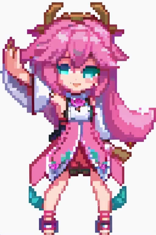 pixel art, Yae Miku, pink hair, wolf ear, miko clothes, Japanese tori,yae miko