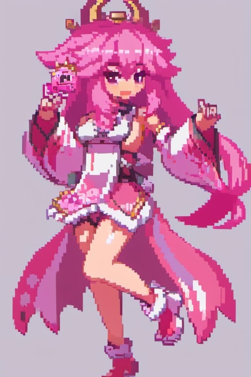 pixel art, Yae Miku, pink hair, wolf ear, miko clothes, Japanese tori,yae miko,pixel