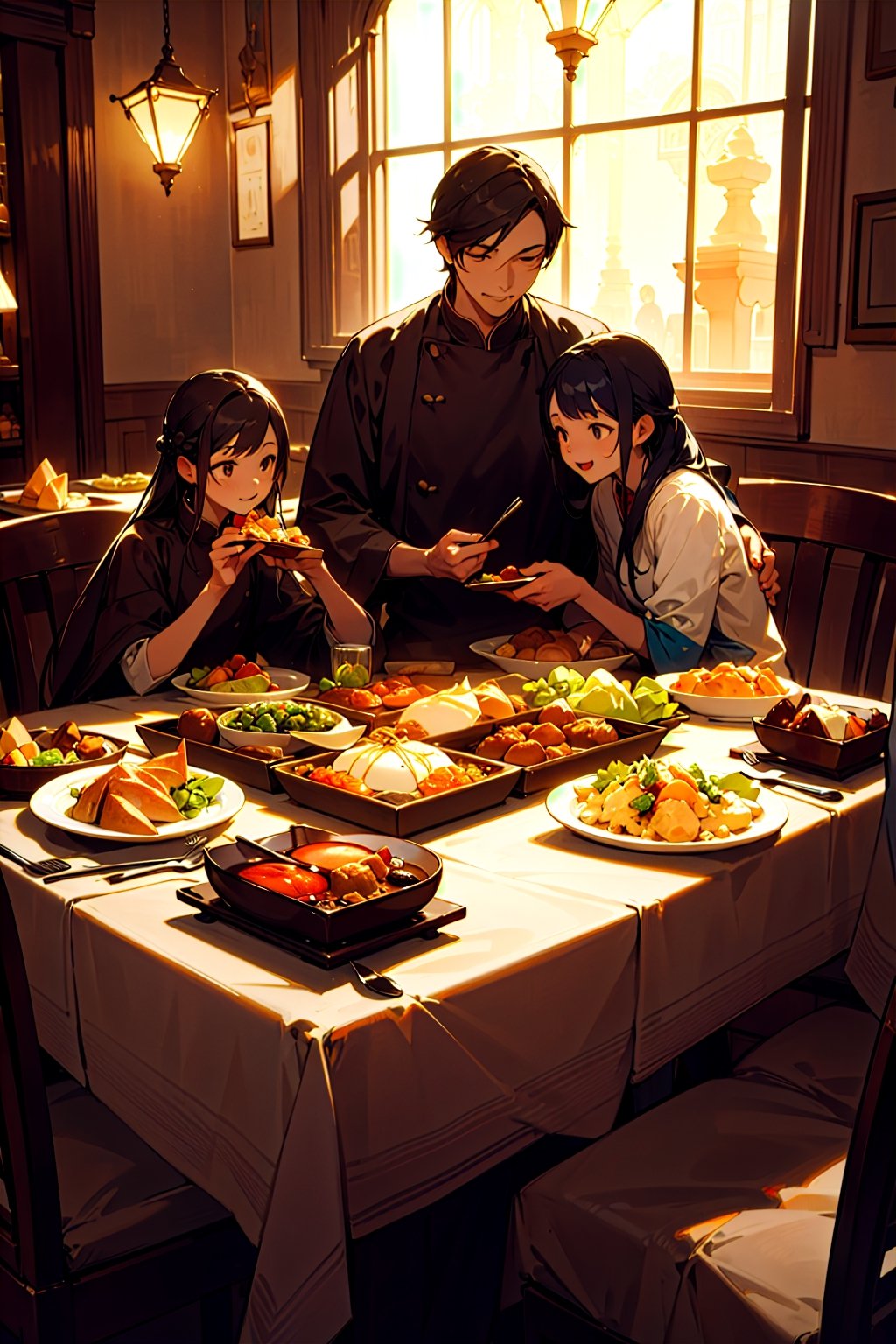 (masterpiece), An image of a joyful and loving family sharing a meal together at the dining table, illuminated by warm and soothing lighting. The table is adorned with a delectable variety of dishes, including traditional cuisines, exotic delicacies, and mouthwatering desserts. The scene is highly detailed and realistic, showcasing the textures, colors, and aromas of the food. 