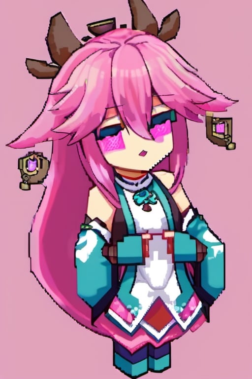 pixel art, Yae Miku, pink hair, wolf ear, miko clothes, Japanese tori,yae miko,pixel,pixel art style