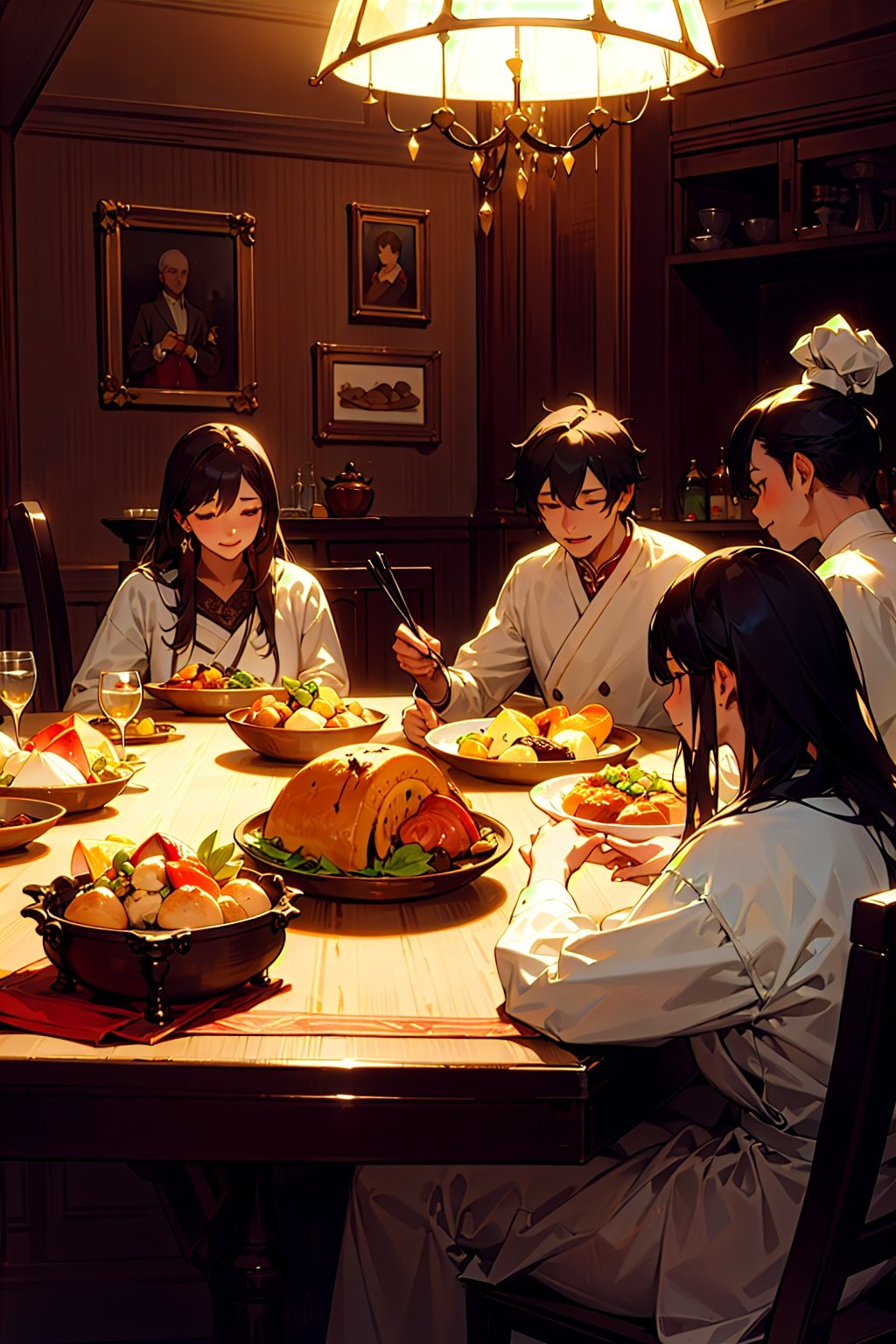(masterpiece), An image of a joyful and loving family sharing a meal together at the dining table, illuminated by warm and soothing lighting. The table is adorned with a delectable variety of dishes, including traditional cuisines, exotic delicacies, and mouthwatering desserts. The scene is highly detailed and realistic, showcasing the textures, colors, and aromas of the food. 