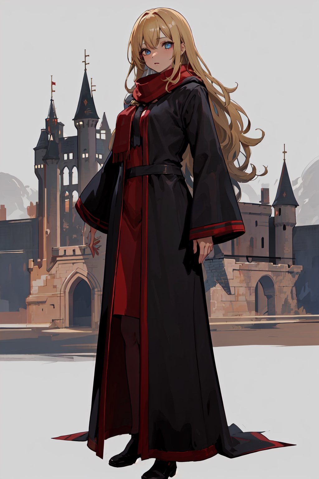 1girl, solo, full body, (castle background:1.3), spider web, detailed background, standing, wavy hair, long hair, blonde hair, 
hogrobe, black robe, red tie, hogscarf, red scarf, 
(masterpiece, best quality, extremely detailed, highly detailed face, beautiful detailed eyes), perfect, hand, fingers,perfect