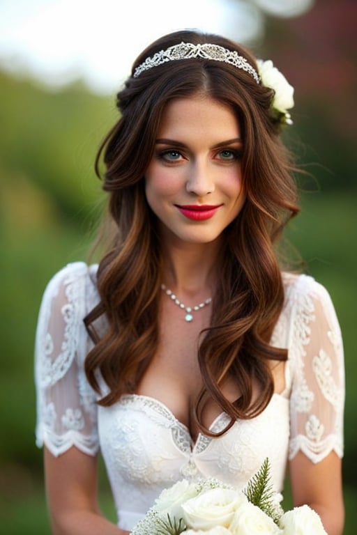 She looked like a princess from a fairy tale, wearing a flowing white dress with delicate lace and embroidery. Her long brown hair was styled in soft waves, framing her face and highlighting her green eyes. She smiled radiantly, holding a bouquet of red roses in her hands. She was the picture of elegance and grace, ready to charm everyone with her beauty and charisma.