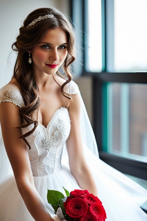 She looked like a princess from a fairy tale, wearing a flowing white dress with delicate lace and embroidery. Her long brown hair was styled in soft waves, framing her face and highlighting her green eyes. She smiled radiantly, holding a bouquet of red roses in her hands. She was the picture of elegance and grace, ready to charm everyone with her beauty and charisma.