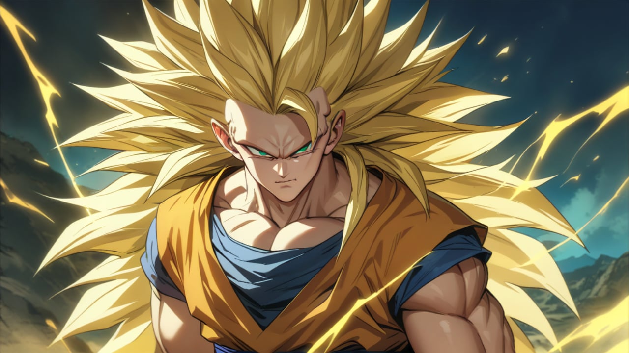 1boy,goku,super saiyan3,orange gi,Realistic,nijisuper,best quality, masterpiece, beautiful and aesthetic, 16K, (HDR:1.4),Goku,Super Saiyan 3.Blonde hair ,Long hair ,No eyebrows ,orange dougi,looking_at_viewer,serious,yellow_aura,electricity,cowboy_shot,standing,,green-eyes,closed_mouth