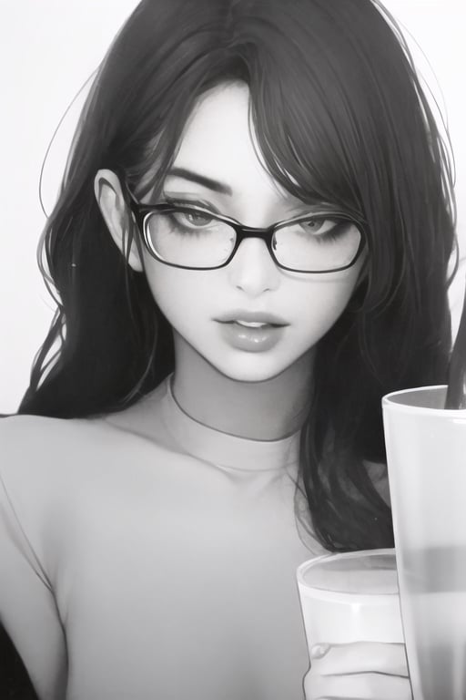 1girl, solo, long hair, looking at viewer, monochrome, greyscale, glasses, cup, lips, drinking glass, realistic, glass