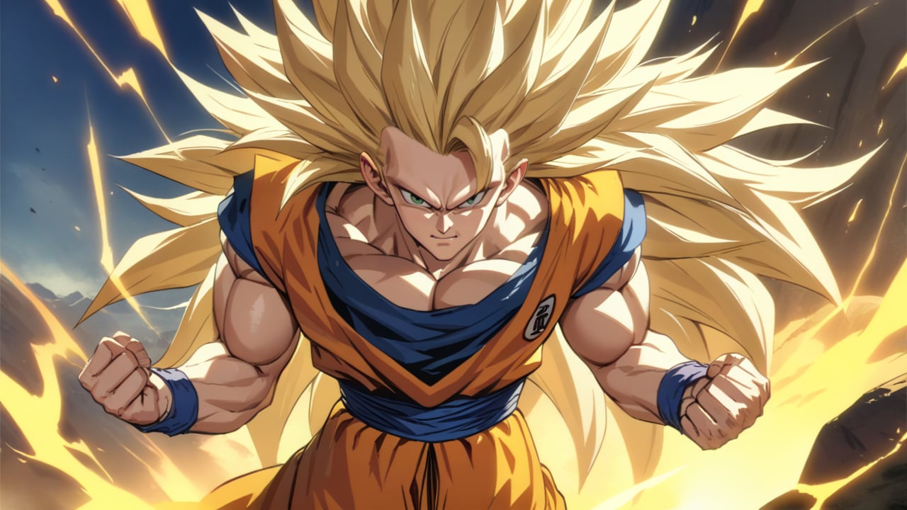 1boy,goku,super saiyan3,orange gi,Realistic,nijisuper,best quality, masterpiece, beautiful and aesthetic, 16K, (HDR:1.4),Goku,Super Saiyan 3.Blonde hair ,Long hair ,No eyebrows ,orange dougi,looking_at_viewer,serious,yellow_aura,electricity,cowboy_shot,standing,,green-eyes,closed_mouth,background_sky,blue_belt,cowboy_shot,orange_pants,muscular,fist_towards