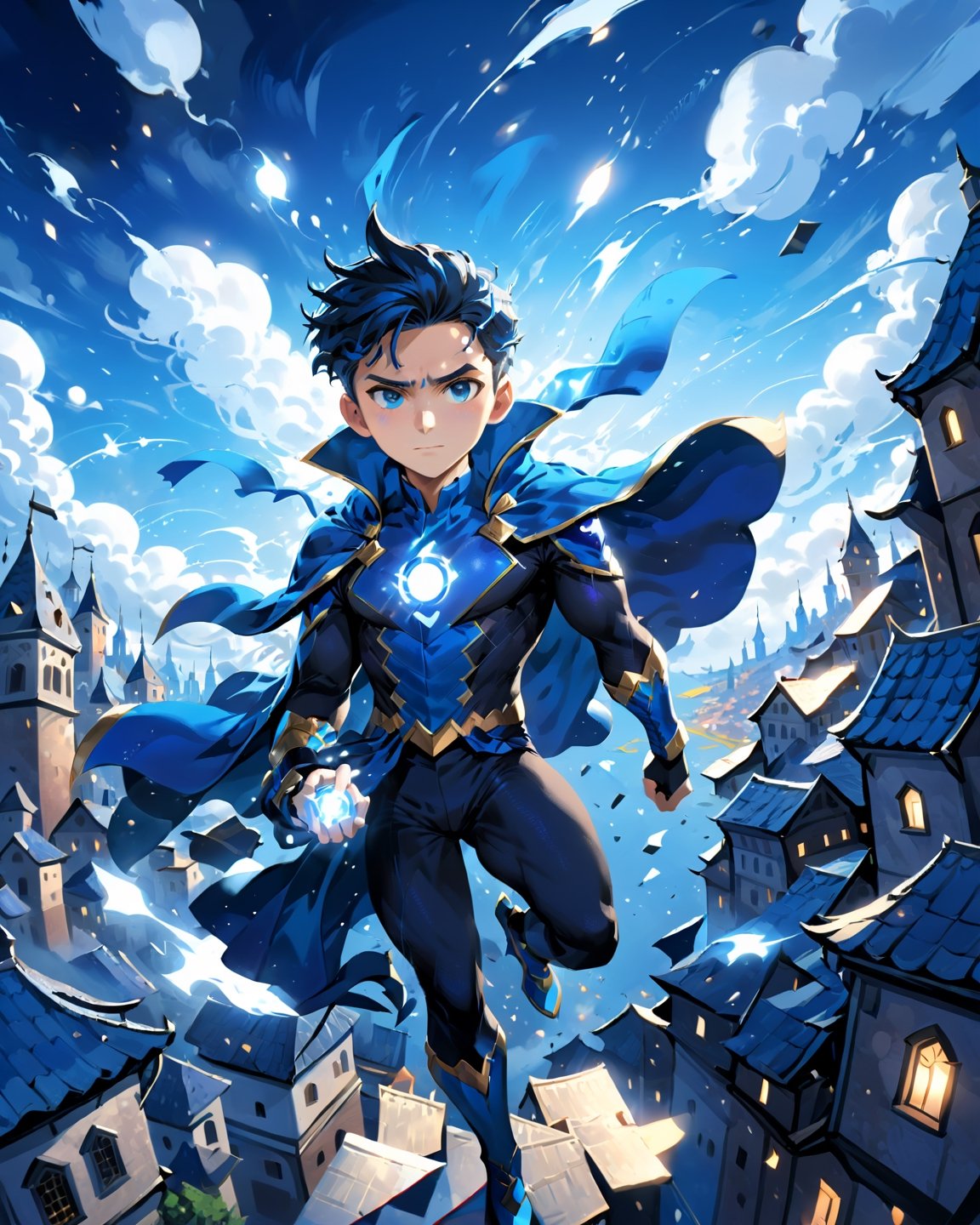 (masterpiece, best quality:1.4) ,Illustration of a heroic magician superhero in a blue fantasy costume, floating over a town. Dynamic angle, face-side view, gazing at the camera with intensity. High contrast, dark and blue tones. Capture anime style with inspiration from Dribble and Deviantart artists.