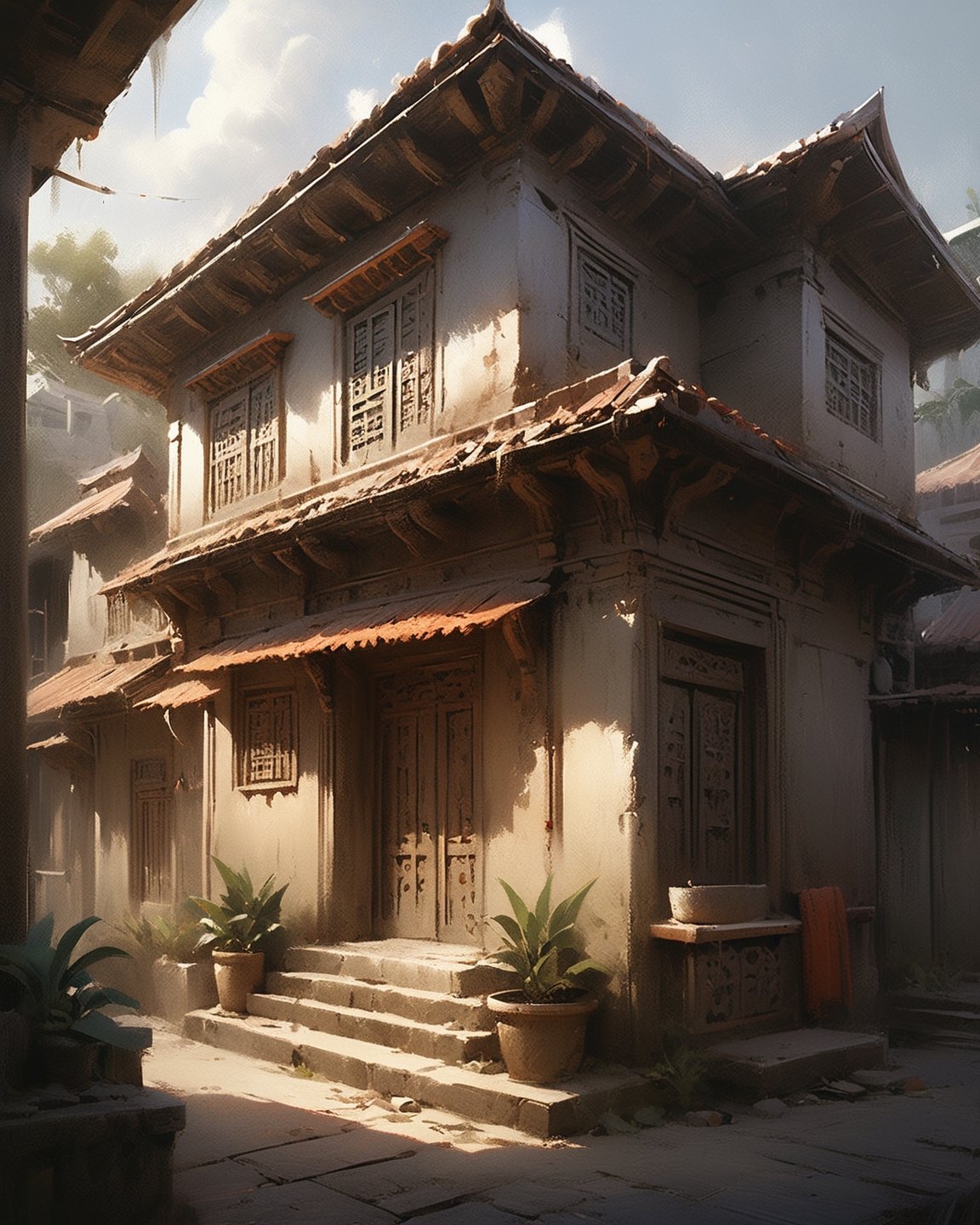 (Hyper realistic anime:1.4),(realism:1.2), (masterpiece, high quality:1.2), HDR, 8k, high resolution, 

Pencil sketch of an aesthetic old Bengali house, emphasizing the ornate jali work and sloping roofs. Use cross-hatching to bring out the unique texture of traditional materials. Convey a sense of cultural richness and heritage in the composition,

 (dynamic angle:1.2), (dynamic pose:1.2), with a focus on detailed facial expressions and flowing clothing, dynamic angle,(glossy texture:1.2).,more detail XL,photo r3al,monster,greg rutkowski