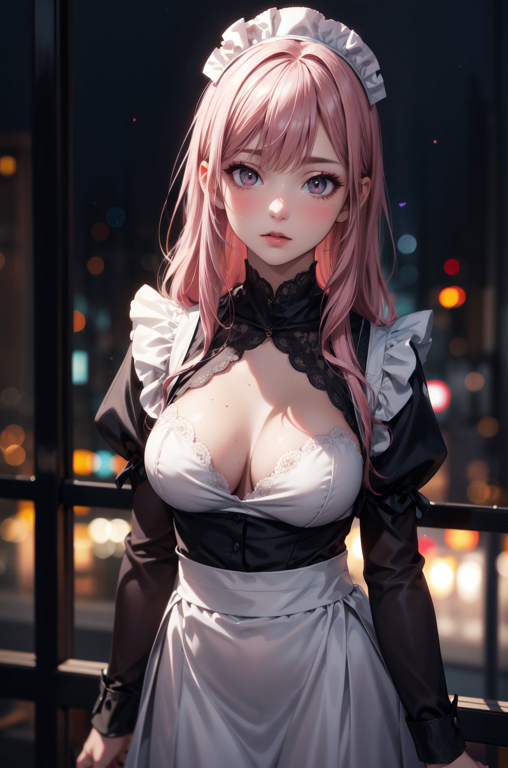 masterpiece, Best Quality, photorealistic, ultra-detailed, finely detailed, high resolution, 8K resolutions, raw photo, realism, perfect body, 1hot Anime girl, solo, beautiful super model, 23 years old, pink long hair, big eyes, makeup, sharp-focus, cinematic, wearing hot maid costume, night bokeh and fantasy background, walking to camera,