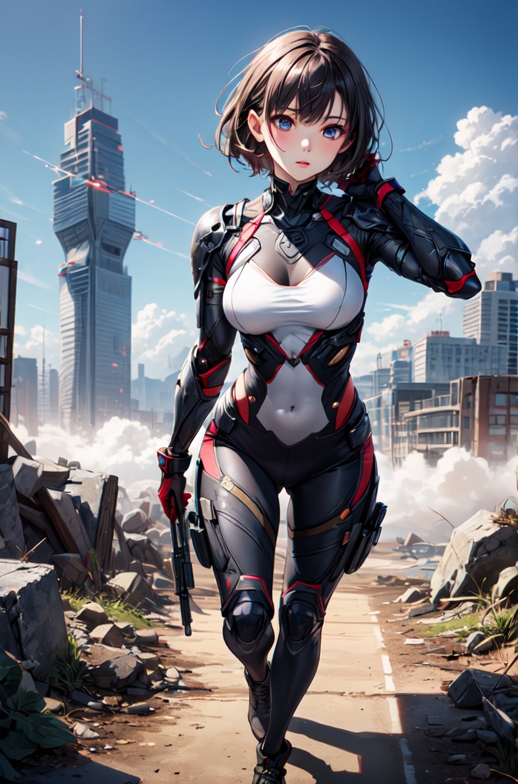 1anime girl, beautiful sexy Asia super model, 22 years old, full makeup, beautiful perfect thin face, body fit, correct anatomy, bright eyes, realistic body, photorealistic, 8k resolutions, raw photo, high detail, high quality, sharp focus, high depth, portrait, full body, warrior camo combat leggings and camo armor suit, sci-fi battlefield background, mid shot, short hair,