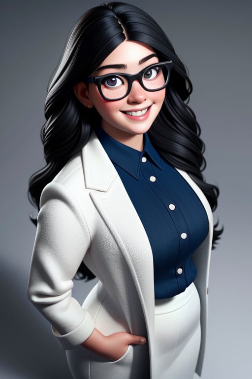 medium shot, portrait, true, fat, smile, hips, young woman with black long haircute and round glasses | realistic lighting, realistic texture, realistic_texturing, realistic clothing, realistic objets, texture, photorealistic | dark_black _eyes, symmetrical_eyes, (perfecteyes) | white skin | ((white_doctor's_clothing)), blue_shirt | ((from_above))