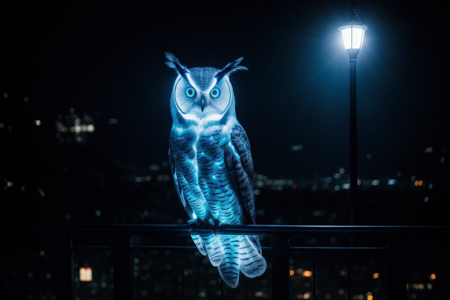 hyperealistic translucent blue ghost owl, ray tracing, (realistic lighting), realistic texturing, night cityscape background