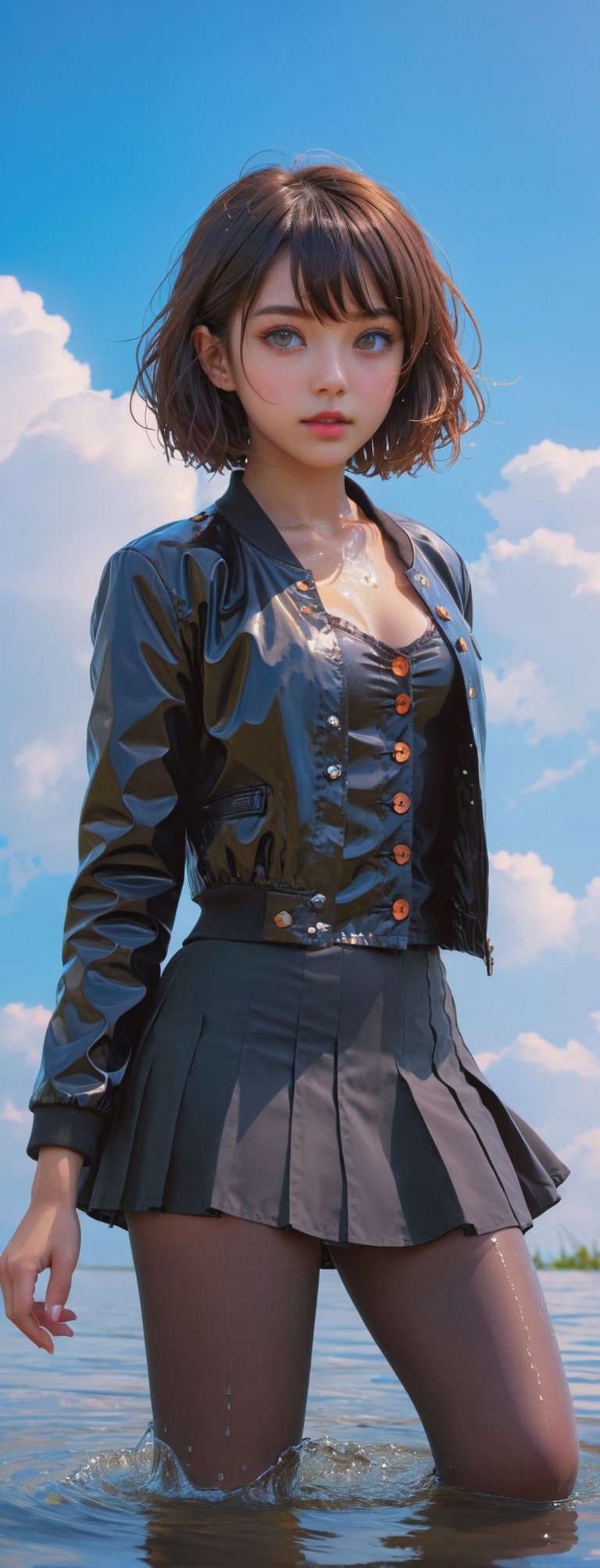 masterpiece, best quality, ultra-detailed, 1girl, beautiful detailed eyes, detailed wet clothes, blank stare, floating, beautiful detailed sky, on beautiful detailed water, dynamic angle, overexposure, illustration, aanobara, short hair, (black jacket:1.2), buttons, long sleeves, black skirt, high-waist skirt, black pantyhose,aw0k euphoric style,Extremely Realistic