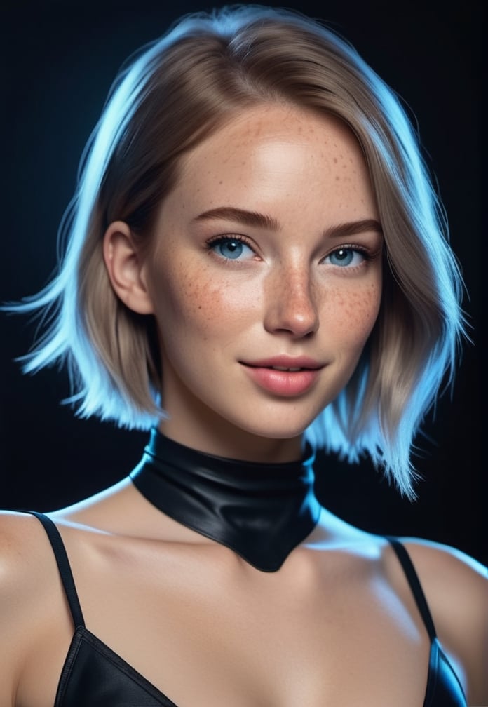 ((Minimalist Chroma doodle)) full height epic portrait of sexy woman, (((freckles))), Nier Automata, blue and white colors on black, geometric forms, croma concept art Ultra realistic, Cel shaded, Shaded, gentle smile, happy