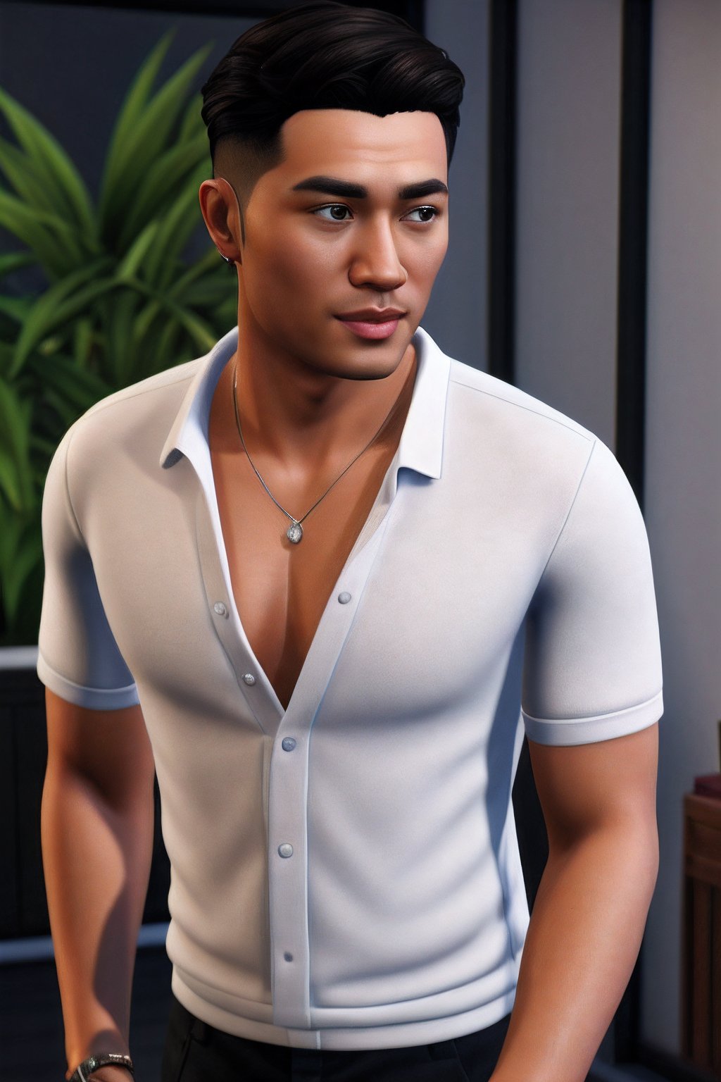 (realistic) (Thai massage shop background)  professional photography of a handsome Thai young male massage therapist, UHD, perfect white balance, Alberto, Canon EOS R6, Prime lens photography, perfectly balanced dim lighting, Real human skin, White balance, Sharp details, the sims 4 , unreal engine 5