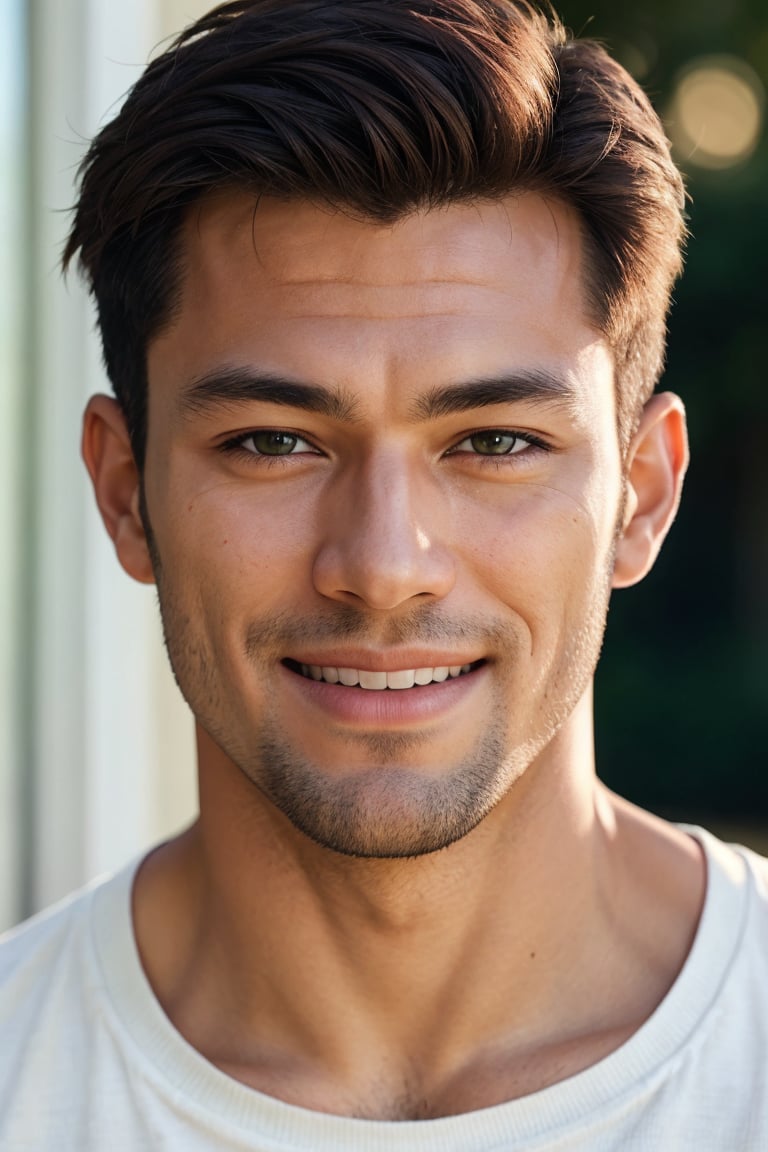 shot by Sony a7 IV Mirrorless Camera, natural light, analog film photo, Kodachrome ,close up, handsome men ,smile