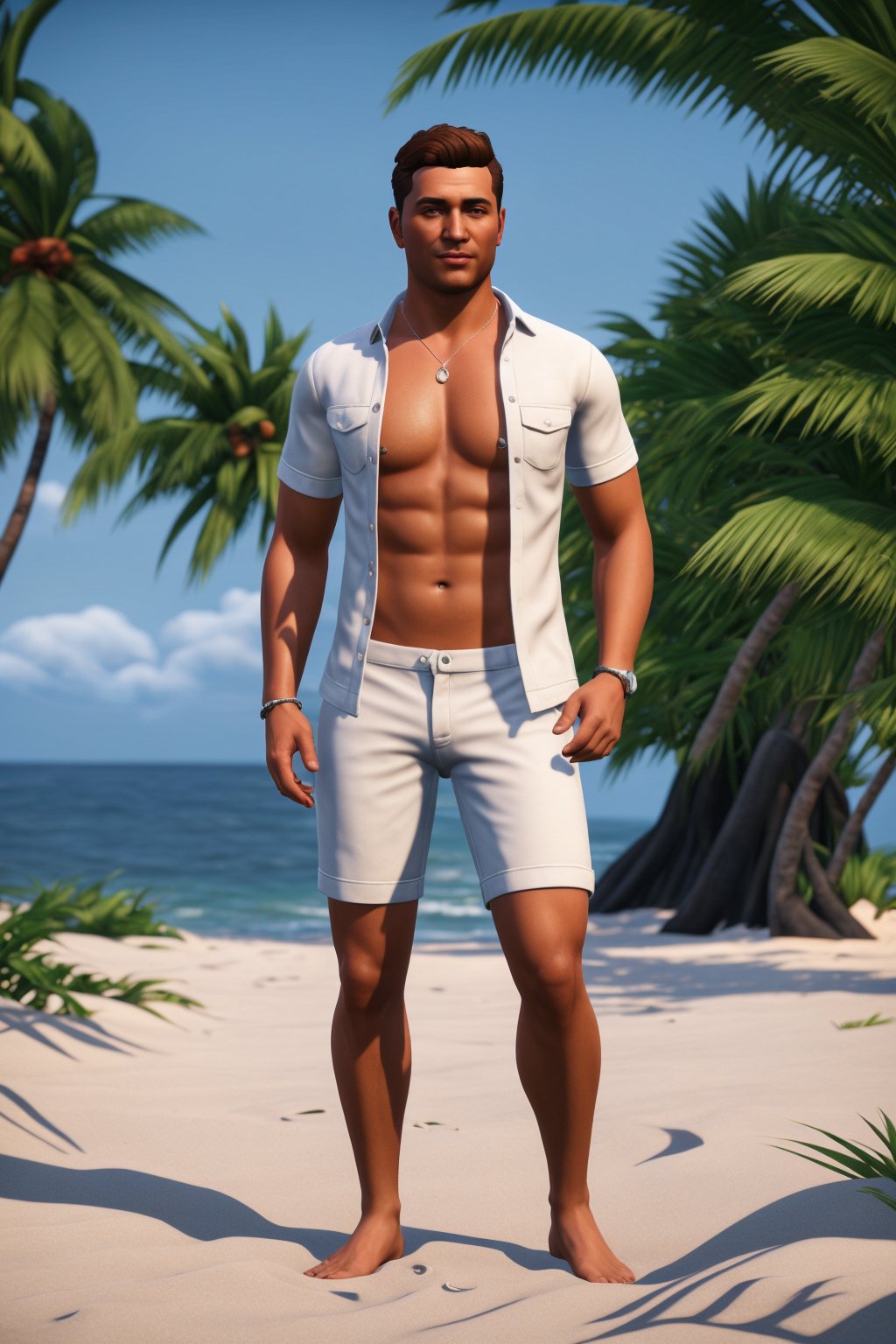 (realistic) (beach) Fullbody professional photography: of a handsome man wearing hawaiian, UHD, perfect white balance, Alberto, Canon EOS R6, Prime lens photography, perfectly balanced dim lighting, Real human skin, White balance, Sharp details, the sims 4 , unreal engine 5