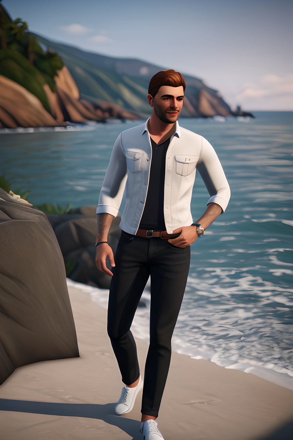 (realistic) (beautiful sea backdrop) Fullbody professional photography: of a Handsome british men , UHD, perfect white balance, Canon EOS R6, Prime lens photography, perfectly balanced dim lighting, Real human, White balance, Sharp details, the sims 4 , unreal engine 5