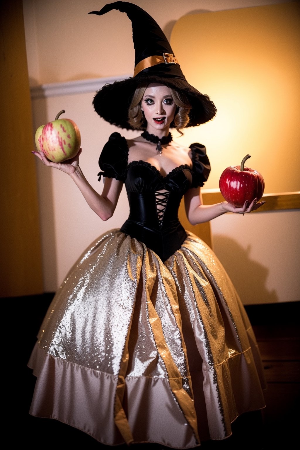 (ugly scary witch:1.3), holding a basket of rotten apples, Halloween Crinoline Dress , night Scary cemetery backdrop,Crinoline Dress