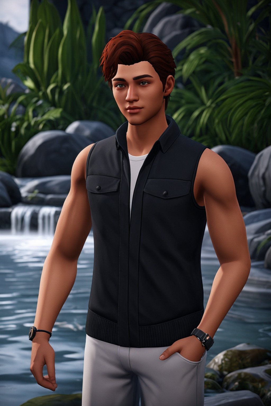 handsome teenage, onsen,,the sims 4, unreal engine 5 ,raytracing , octance render