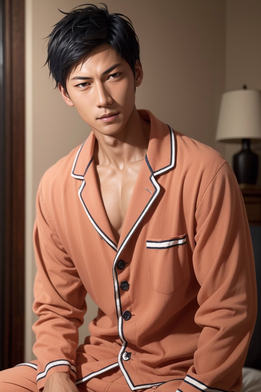 (Realistic:1.0), Handsome Aomine Daiki (dark skintone:1.0) ,sad smile, pajamas , solo