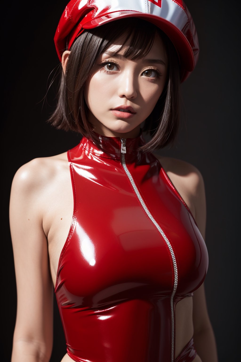 128k female models , mega breasts,  eyes, (random short hair style),  High resolution , Upper body, No background, Studio Lightning , 
(lacquer red  random race queen costume hat shiny latex shirt strip)
random angle