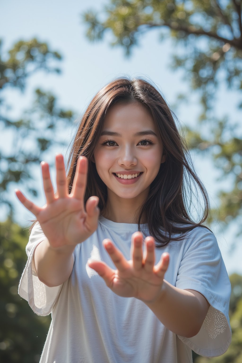 Masterpiece, top quality, high definition, artistic composition, 1 girl, upper body, composition from below, smiling, cotton shirt, looking at me, blue sky, sunlight through trees, casual, portrait, warm, reaching out