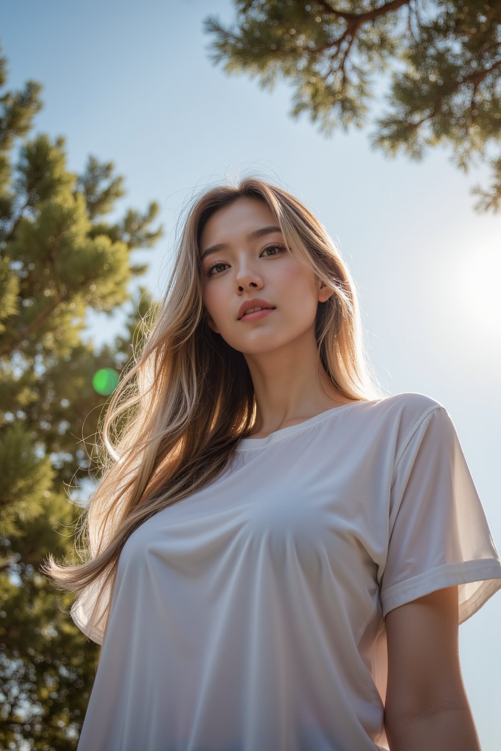 Masterpiece, top quality, high definition, artistic composition, 1 girl, upper body, composition from below, smiling, cotton shirt, looking at me, blue sky, sunlight through trees, casual, portrait, warm, reaching out