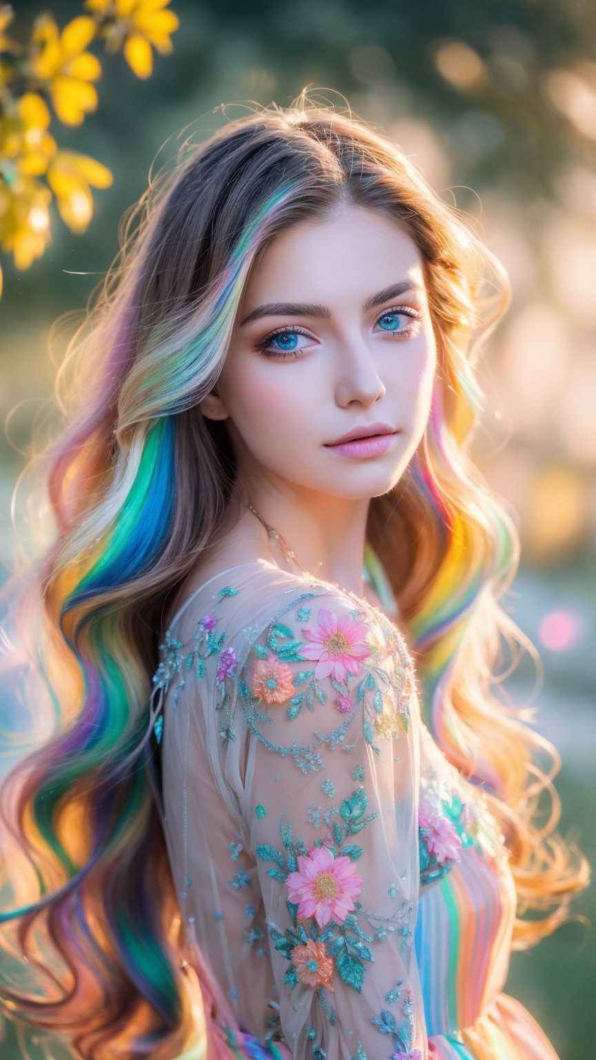 latex, close up portrait of young woman with vibrantblowing hair and mesmerizing eyes, wearing a flowing dress made of petals, in a serene garden filled with blooming flowers, a representation of beauty and grace, charming, cute, beautiful, ultra detailed, dream like shot, 8k, sunset,((holographic))), (((rainbowish))), expressive, cinematic, dynamic pose,midjourney