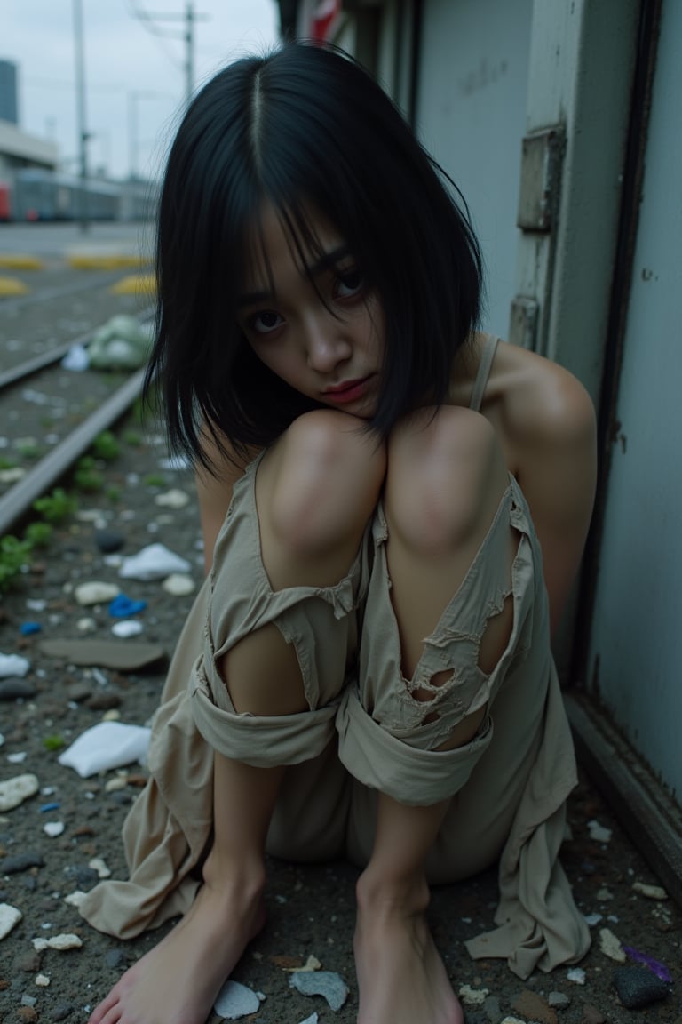 A young woman, around 20 years old, sits despondently in the corner of a grimy Tokyo slum. Her black hair hangs limp, framing her sorrowful face with dark eyes that seem to hold a thousand tears. Tattered and hole-ridden dirty clothes cling to her gaunt figure, amidst a backdrop of scattered garbage and excrement. The distant hum of train tracks serves as a stark reminder of the world outside this bleak environment. Her random pose, accentuated by an ahoge (stray hair) framing her face, captures the essence of desperation and hopelessness.