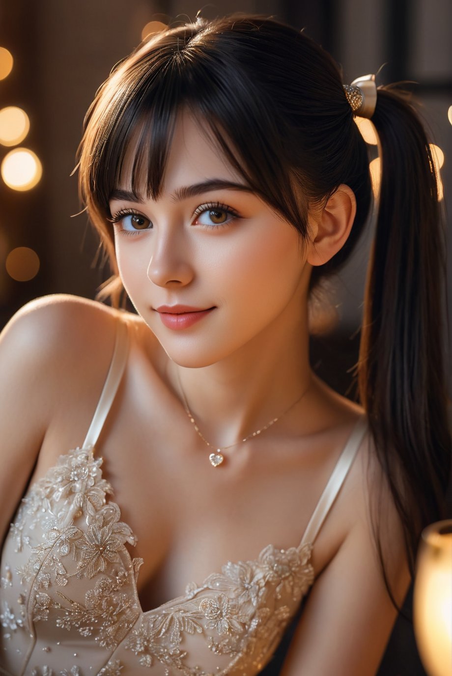 Here's the SD prompt:

A tender kiss on the cheek for me as you whisper 'I love you' in Hungarian. Photorealistic 8K portrait of a stunning 16-year-old girl with cute face, beautiful eyes, and delicate features. She wears a champagne-colored turtleneck wedding dress on a tabletop setup under soft light, city lights at night casting a warm glow. Her slender body and perfect anatomy are highlighted by cinematic lighting. She looks directly at the camera with a subtle grin (0.7) as her black hair styled in twin tails frames her beautiful face with intricate details.