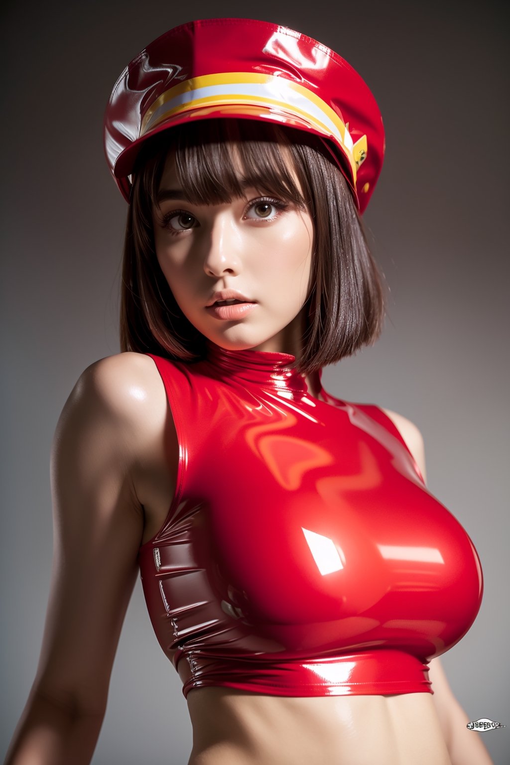 128k sexy female models , Huge breasts,  eyes, (random short hair style),  High resolution , Upper body, No background, Studio Lightning , 
(cherry red  random costume hat shiny latex shirt strip)
random angle