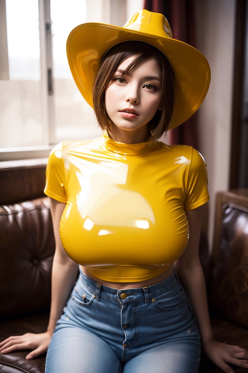 128k female models , huge breasts,  eyes, (random short hair style),  High resolution , Upper body, No background, Studio Lightning , 
(mustard shiny latex,  cowboy hat ,full body ,woman at home wearing t-shirt realistic )
random angle