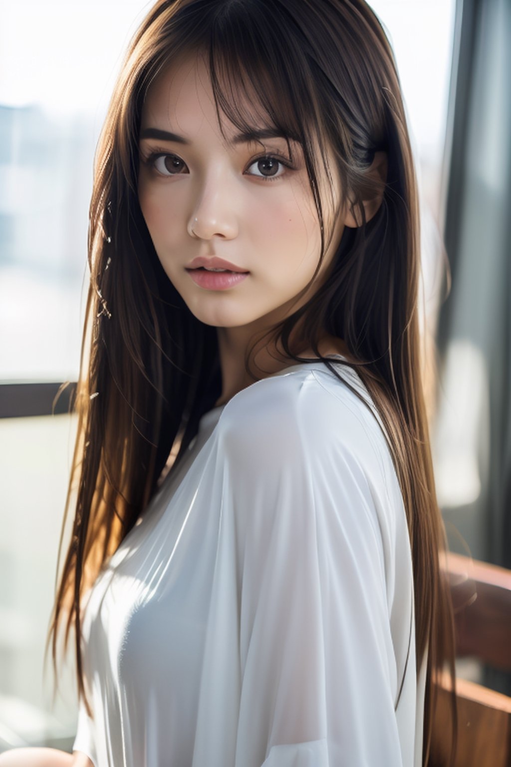 (8K, RAW shot, Highest Quality, masutepiece), High Definition RAW Color Pro Photos, (Realistic, Photorealism:1.37), (Highest Quality), (Highest shadow), (The best illustrations), (reality: 1.2), Distant view, (intricate-detail), 1 person, femele, 20 years old, Mystical Beautiful Girl, Perfect Anatomy, Perfect proportions, Perfect face, Strong brightness on the face, Facial details, (Girl's eyes staring at one viewer: 1.55), (stright long hair, blondehair, Parted bangs: 1.45), Slimed, Very transparent white see-through robes, Perspective from behind, Soak up the spotlight from the ceiling, sitting down on the floor, Concrete room,  um Home Detetive、conceptual art, Realism, godrays, Film Lighting, canon, high detailing, High quality, High Definition , 16K resolution, Center, Full body portrait,full body Esbian,Enhance,asian girl